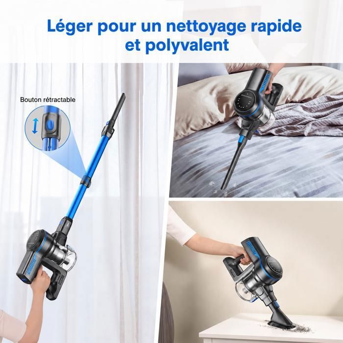 LINHOO Aspirateur Balai Sans Fil S7P Bleu avec Écran LED et Brosse Rouleau Souple