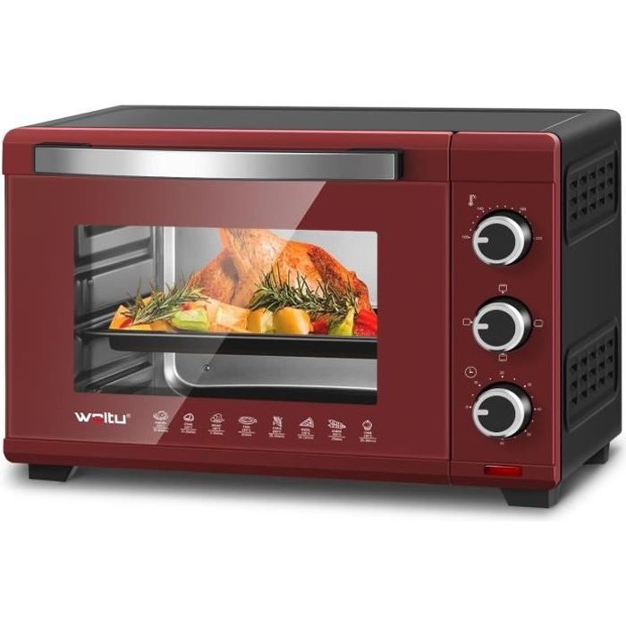 WOLTU Mini Four 28L, Four à Pizza 1600 W, 100-230°C, Minuterie 0-60 min, 3 Modes de Cuisine, Rouge+Noir W0ITT1011