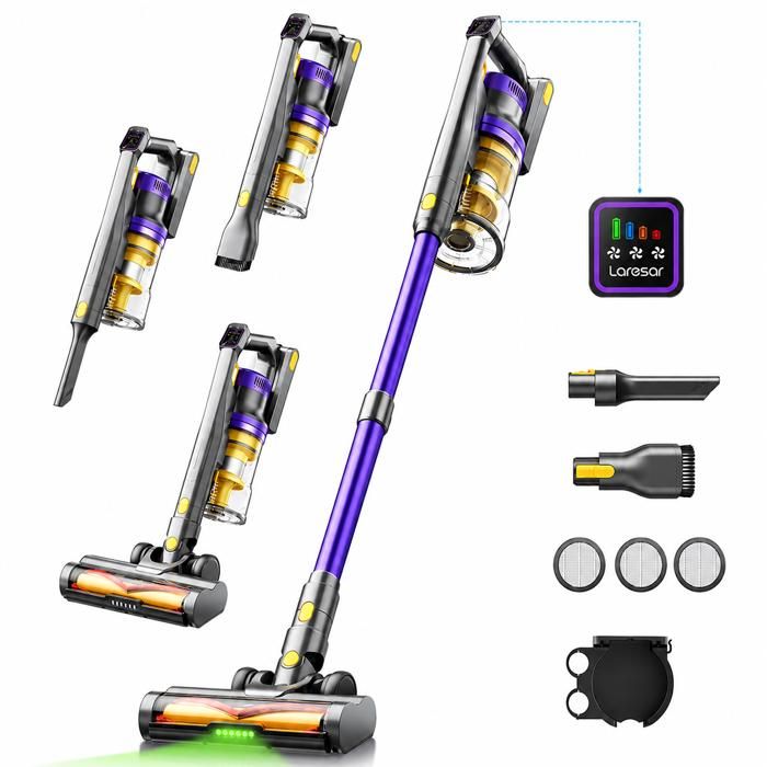 Aspirateur Balai sans Fil- Laresar V10-45Mins- 48000PA- Batterie Amovible-Technologie Yeux verts-Léger-Tapis et Poils d’Animaux