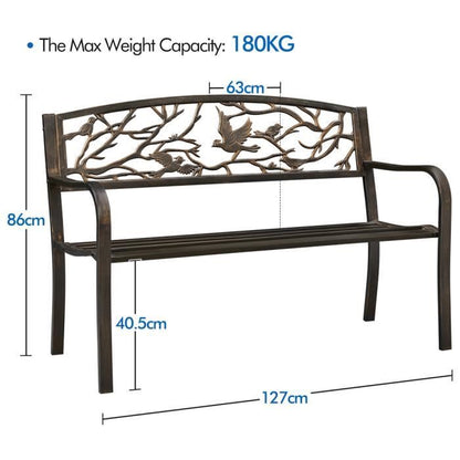 Yaheetech Banc de Jardin en Métal Banc Extérieur avec Dossier à Motif d'oiseau Siège à Lattes 127 x 63 x 86 cm