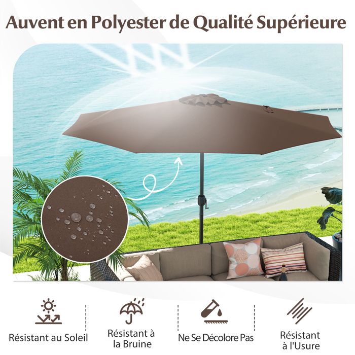 Parasol de Jardin, GIANTEX 360 cm Parasol de Terrasse-Toile Polyester Anti-Soleil UV-Grille D'aération-pour Piscine, Cour, Brun