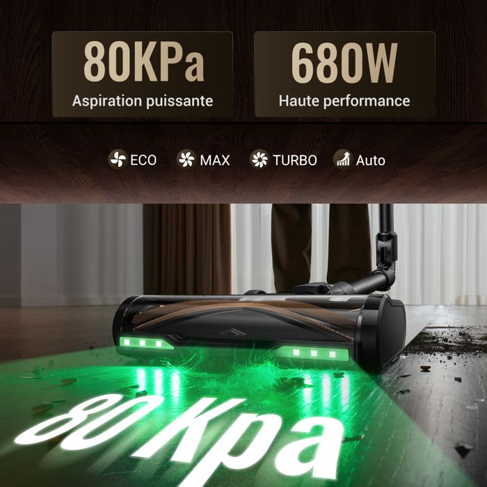Proscenic Aspirateur balai sans fil PO20 -Sec/Humide -80kPa/180AW -Réglage automatique de la puissance-70Min -Auto-Portant -GreenEye