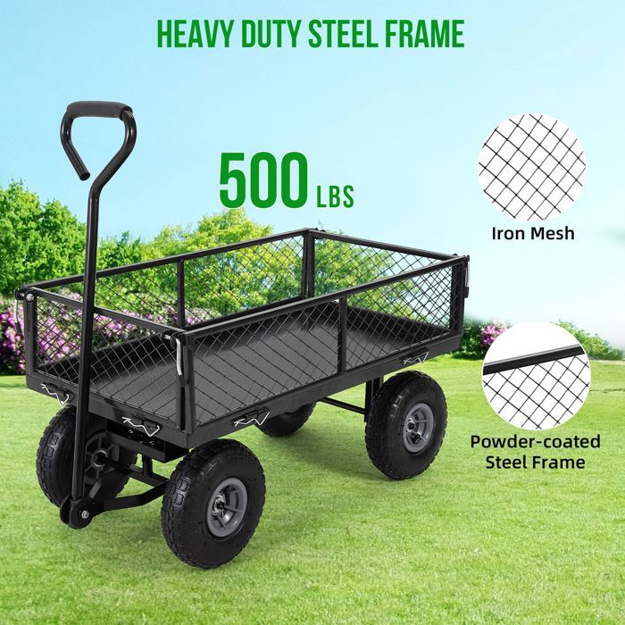 Chariot de Jardin Basculeur Renforcé - Capacité 600 lb (272 kg) -Réglable à 180° - Roues Tout-Terrain 10"- Résistant à la Rouille