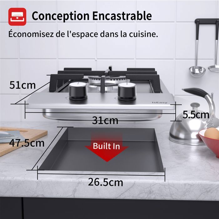 Plaque de Cuisson Gaz - ISEASY - 2 Feux - Inox - Encastrable - Allumage par Impulsion