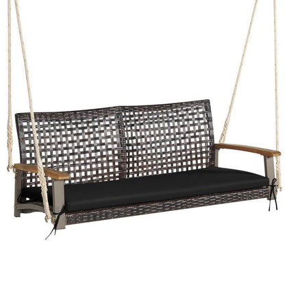 COSTWAY Banc Suspendu 2 Places en Rotin avec Cordes et Accoudoirs en Bois d'Acacia, Charge 360 kg, pour Jardin, Balcon, Marron