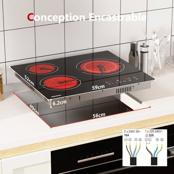 Plaque de Cuisson Vitrocéramique - WEHIMO - 2 Feux - 3400W - Noir - Sécurité enfant