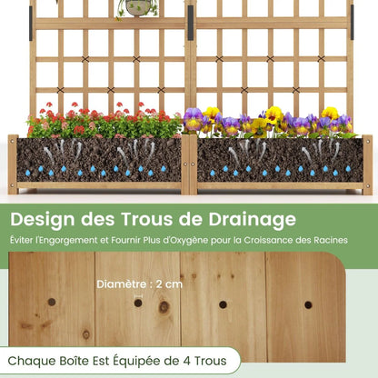 Jardinière avec 2 Treillis 2 Bacs Toit Suspendu en Bois Lit de Jardin Surélevé avec 4 Trous de Drainage 180 x 48 x 183 cm Orange