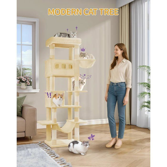 170 cm Grand Arbre à Chat,Tour à Chat d'intérieur, avec Grand Perchoir,Tapis Lavable,2 Niches Chats,8 Griffoirs,Hamac,Pompons,Beige
