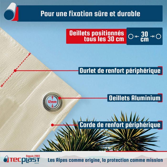 TECPLAST Toile Pergola Blanc Crème 4x4 m LP506PR - Garantie 5 ans - Bâche Pergola ou Tonnelle étanche en PVC pour terrasse
