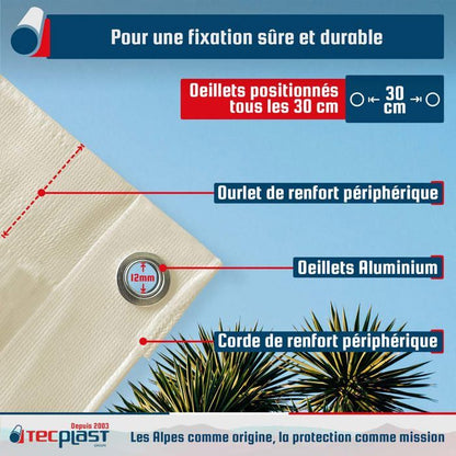TECPLAST Toile Pergola Blanc Crème 4x4 m LP506PR - Garantie 5 ans - Bâche Pergola ou Tonnelle étanche en PVC pour terrasse