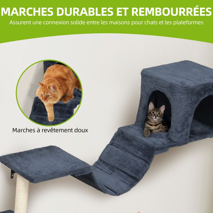 Balconera Lot 8 Murs escalade Chat - Peluche Stable, Arbre Mural Griffoirs, Pont, Escaliers & Boule, Gris Foncé