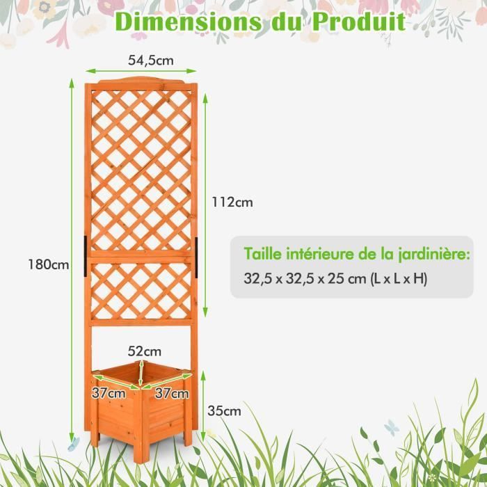 COSTWAY Jardinière sur pied avec Treillis en Bois de Sapin 54,5x52x180CM Bac à Fleurs avec Trous de Drainage pour Plantes