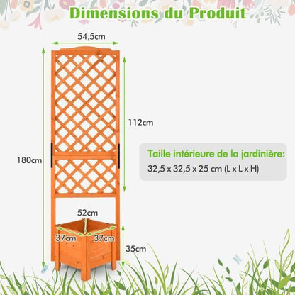 COSTWAY Jardinière sur pied avec Treillis en Bois de Sapin 54,5x52x180CM Bac à Fleurs avec Trous de Drainage pour Plantes