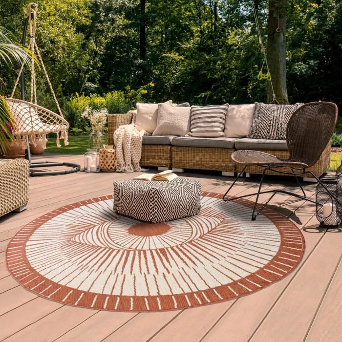 Tapis rond d'extérieur, kilim reversible Ø120cm LYN2 B ROND REVERSIBLE orange et crème