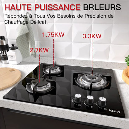 Plaque gaz encastrable - ISEASY - 4 feux 60 cm - Verre trempé - Supports fonte - Compatible NG/GPL