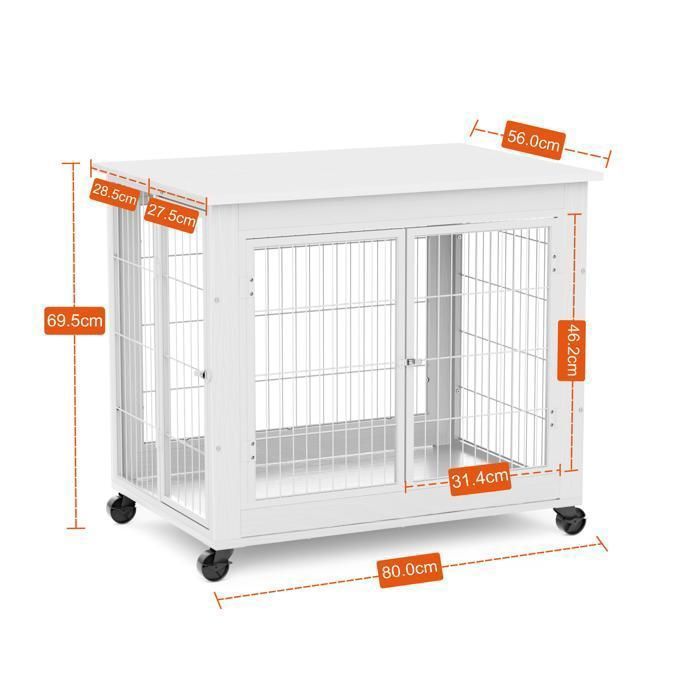 Cage pour chien meuble - Memkey - 80 x 56 x 69,5 cm - Panneau de particules et acier blanc - Roulettes, double porte