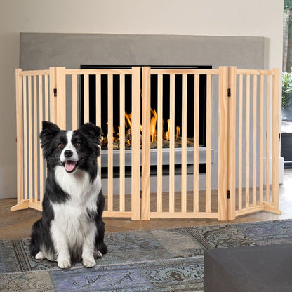 Barrière pour chien autoportante en bois massif, 4 panneaux pliables, tapis antidérapants, Sans peinture, 203*1.8*90 cm