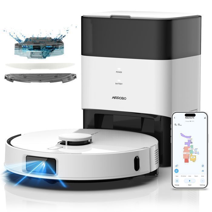 AIRROBO L50+ Aspirateur Robot Laveur avec Station 10000 Pa Ultra-Puissant, Station Auto-Vidage 4L, 240 Min Autonomie, Navigation LDS
