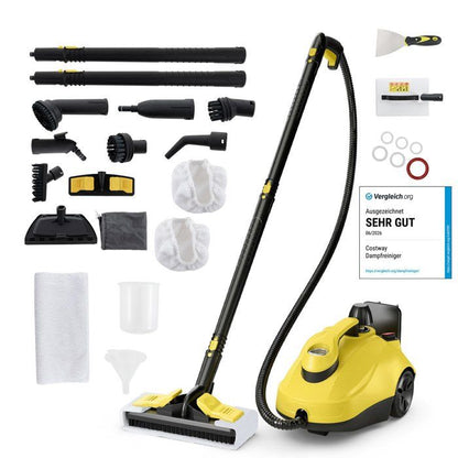 Nettoyeur Vapeur Polyvalent 2000W COSTWAY pour Punaises de Lit-5 BAR-15 Accessoires et Manomètres-Réservoir 1,8L-160°C-4 Roue-Jaune
