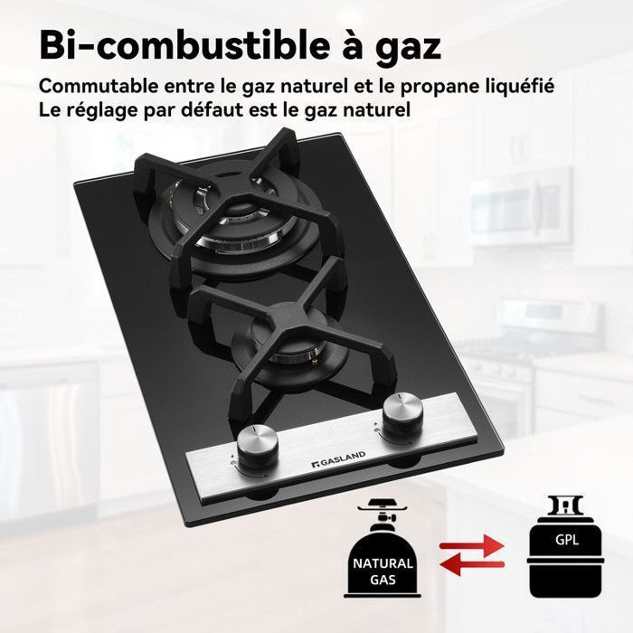 GASLAND GH30BF Plaque de Cuisson Gaz 2 Feux, Plaque gaz Verre trempé, GPL/gaz naturel Noir 30 cm