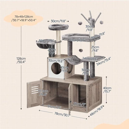 Arbre à Chat avec Maison de Litière pour Chat-HOOBRO-Maison pour Chat en Bois avec Tour à Chat-60 x 45 x 151 cm-Grège