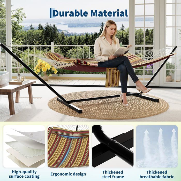 Hamac Double avec Support - 450 lbs, Toile Coton & Coussin Amovible - Pour Jardin, Intérieur/Extérieur, Vert