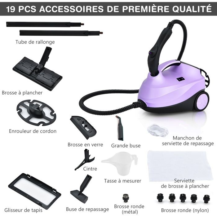 Nettoyeur Vapeur Polyvalent 2000W COSTWAY Punaises de Lit-Réservoir 1,5L,19 Accessoires 4,0 Bar-Voyant LED-108℃-Acariens Bleu