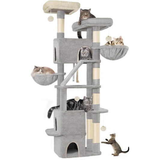 185 cm Arbre à Chat, Grande Tour à Chat pour Chats d'intérieur avec 2 Plates-Formes, 3 Condos, 6 Priffoirs, 2 Paniers, Gris Clair