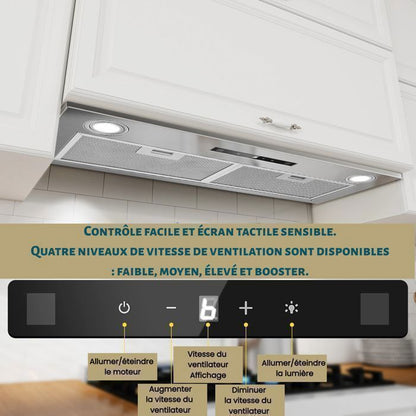 Hotte Aspirante-hotte encastrable-750 m³/h-L 52cm Kichpower -Gestuelle - Tactile - Booster - Recyclage avec Filtre à Charbon - A+++