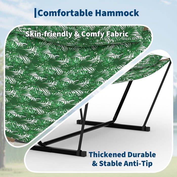 Hamac Double avec Support - 450 lbs, Toile Coton & Coussin Amovible - Pour Jardin, Intérieur/Extérieur, Vert