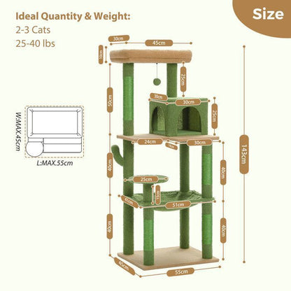 PAWZ Road Arbre à chat Design Spacieux Grande Hamac Dur Stable Avec hamac et belle maison pour chat - Cactus vert - 143 cm