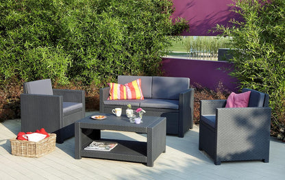 Allibert by Keter Monaco Salon de Jardin 4 pièces, Graphite/Gris, avec Coussins d'assise et de Dossier, en Plastique, Aspect rotin Plat