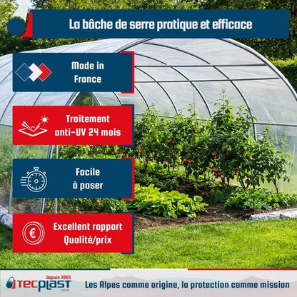 TECPLAST Bâche Serre 1,5x12 m 150SE - Film plastique transparent pour serre de jardin - Haute Qualité - Made in France