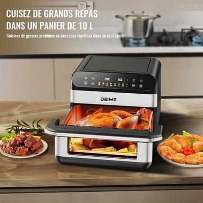 DEIME Air Fryer 5L+5L - Friteuse sans huile Capacité 10L - 8 Préprogrammes - 2400W - Séparateur amovible - Fenêtre - Noir