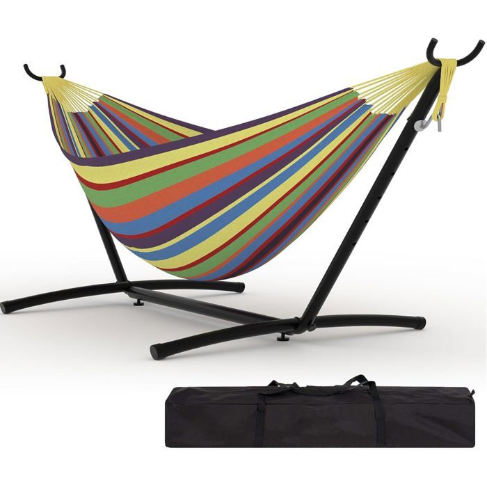 Hamac Double 12FT avec Support en Acier - Toile Matelassée 450LB - Barre en Bois Dur - Sac de Transport Inclus - Beige