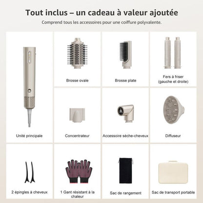 Brosse Soufflante Multifonction à haute vitesse 7 en 1 1400W | Ionique & NTC | Lisseur & Boucleur Auto | 12 Modes | Or Champagne