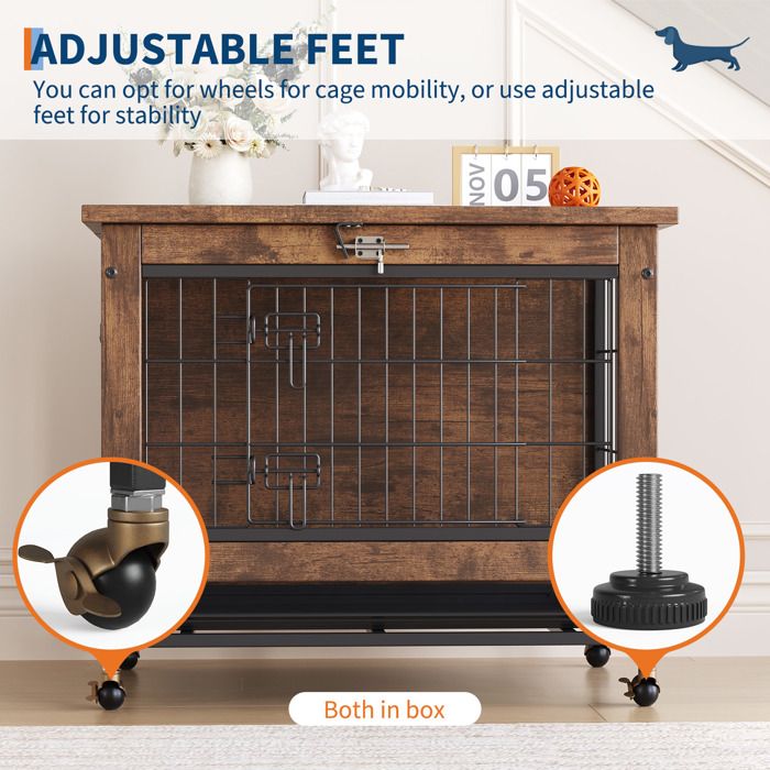 Cage pour Chien en Bois Rustique avec Double Porte – Meuble d'Appoint Style Ferme Cage pour Chien Meuble 80×60x66cm, Brun