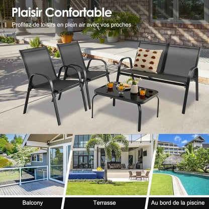 COSTWAY 4 PCS Ensemble Table et Chaises de Jardin Extérieur, Chaises et Causeuse avec Siège en Tissu, Plateau en Verre Trempé, Bleu