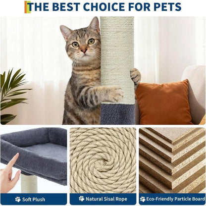 Arbre à Chat 2 en 1+ Enceinte de Litière Cachée - Meuble Chat Multiniveaux, Poteaux à Gratter, Boules Suspendues, Armoire - Marron