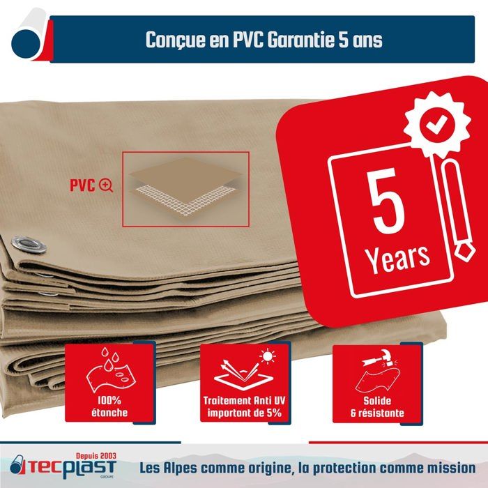 TECPLAST Bâche Jardin 3x5 m LP506JD Blanc Crème - Garantie 5 ans - Bâche PVC étanche - Résistance Anti-UV