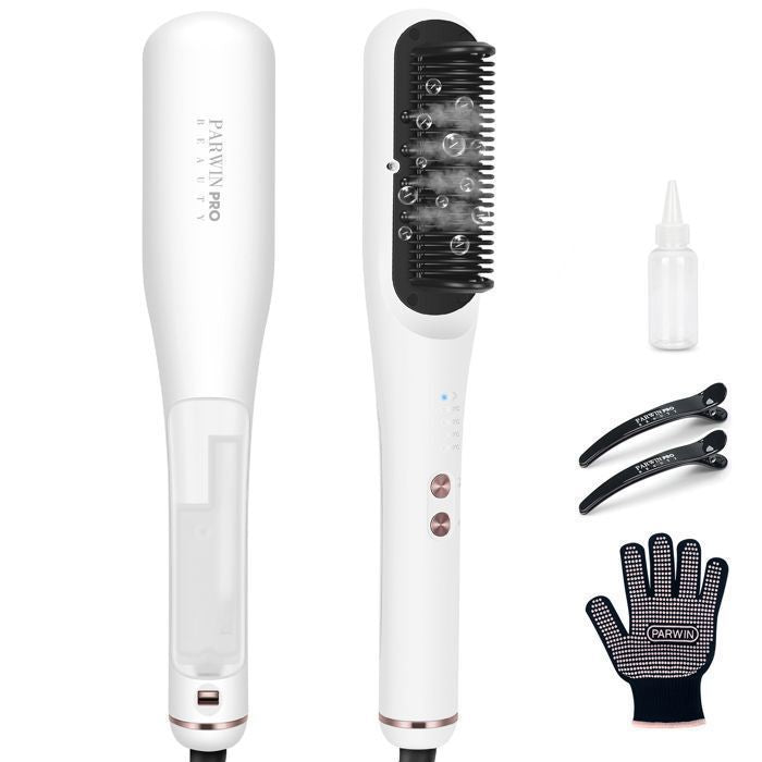 Brosse Lissante à Vapeur Pro, PARWIN PRO BEAUTY, Affichage LED, Ions & Vapeur pour Soin Double, 4 Réglages de Température – Blanc