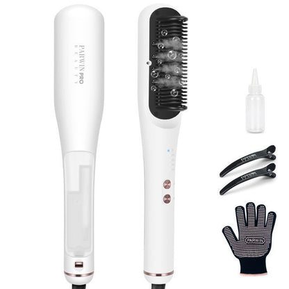 Brosse Lissante à Vapeur Pro, PARWIN PRO BEAUTY, Affichage LED, Ions & Vapeur pour Soin Double, 4 Réglages de Température – Blanc