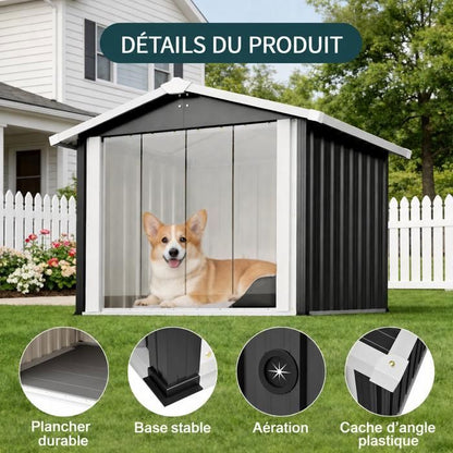 Cage pour chien meuble - Memkey - 80 x 56 x 69,5 cm - Panneau de particules et acier blanc - Roulettes, double porte