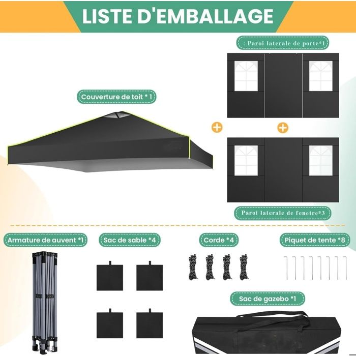 Tonnelle de Jardin Exterieur ImperméAble Tente De Reception Avec 4 Panneaux LatéRaux,Uv 50+ -Noir