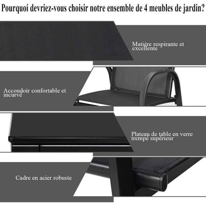 COSTWAY Ensemble Salon de Jardin 4 Places, 2 Fauteuils, 1 Canapé et 1 Table Basse en Verre, Tissu Respirant Anti-UV, Noir