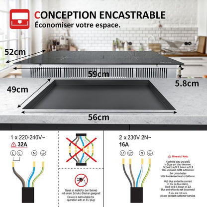Table de cuisson à induction - ISEASY - 2 feux - Écran tactile - 3400W - Verrouillage enfant
