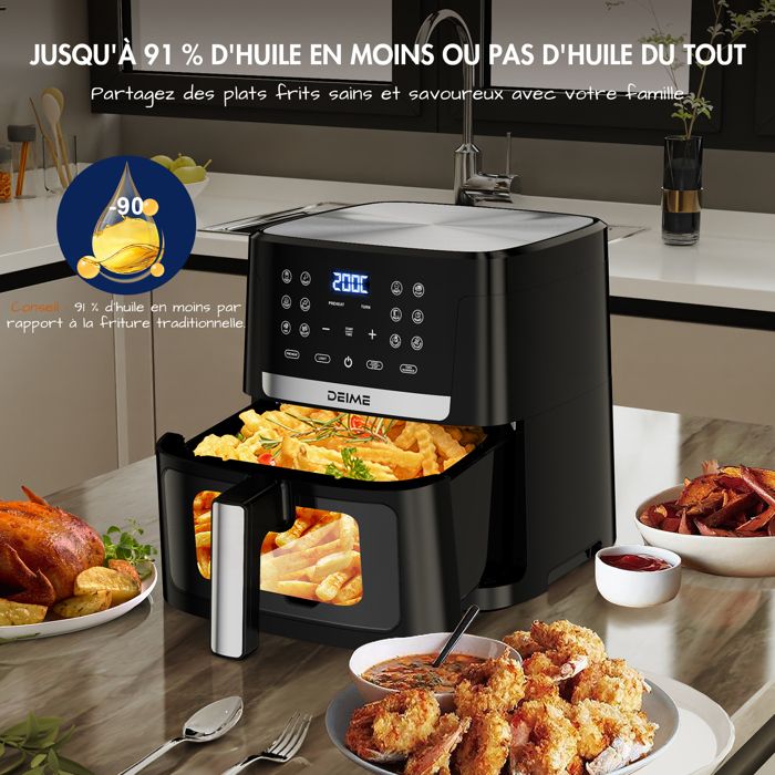 DEIME Friteuse à air sans huile 10L, Air Fryer 1800 W avec 10 Préprogrammes, Écran Tactile LED, Fenêtre Transparente