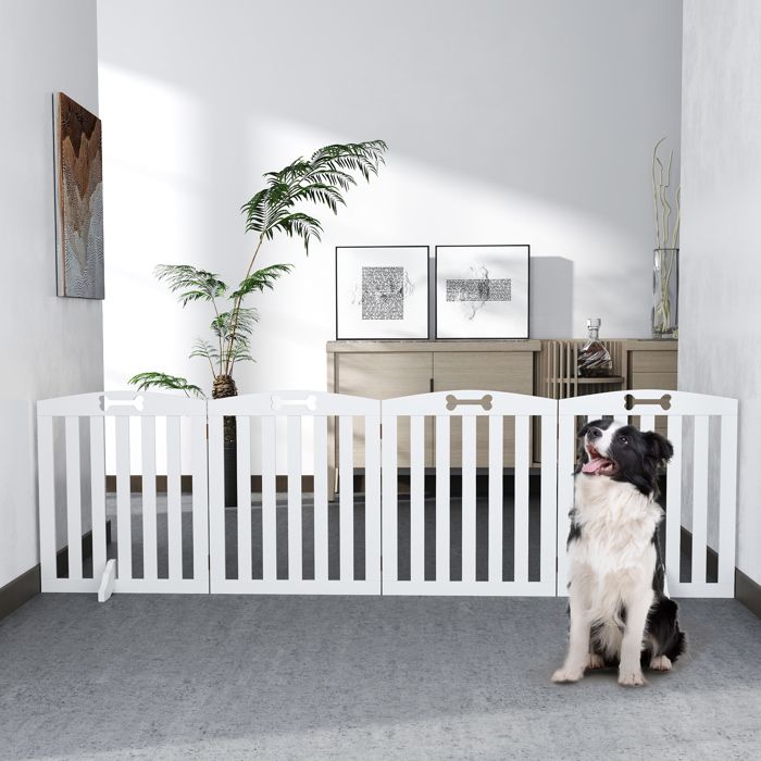 Barrière de sécurité chien - PawHut - avec pieds de support, pointes antidérapantes - 4 panneaux - 207,5 x 30 x 61 cm - blanc