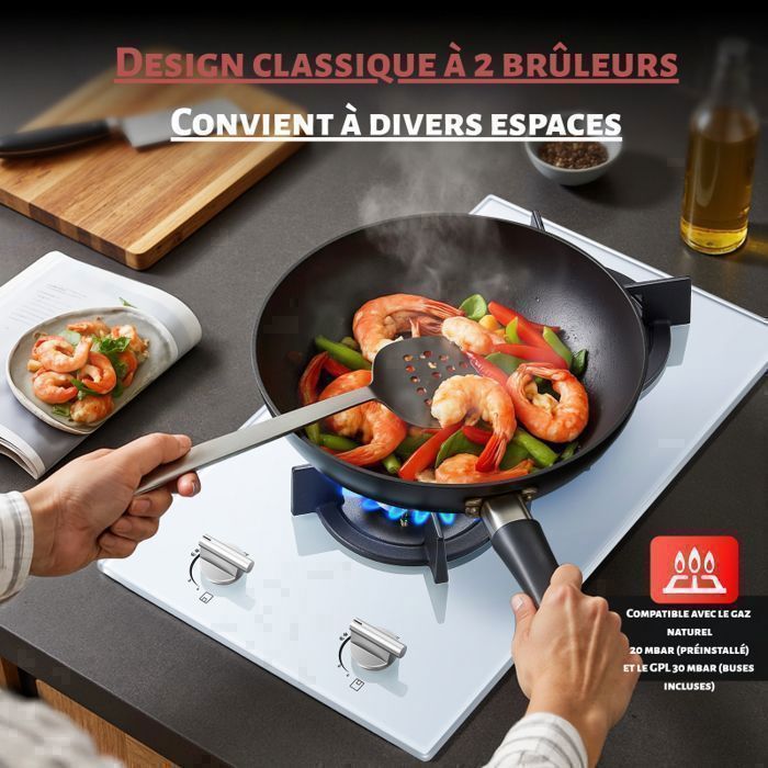 Plaque de cuisson gaz,Table Gaz,2 foyers,Verre Trempé,4200 W,Sécurité Thermocouple,Gaz Naturel/Propane,noir