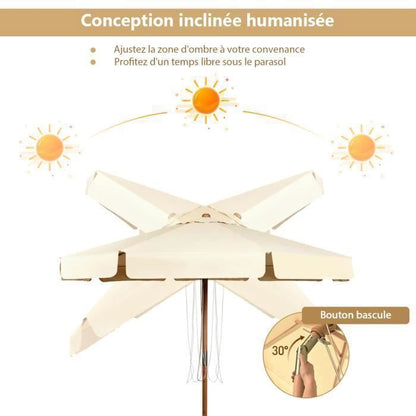 COSTWAY Parasol pour Terrasse Inclinable Dia.3M avec Manivelle Anti-UV,Protection Solaire Toile Polyester Imperméable Beige